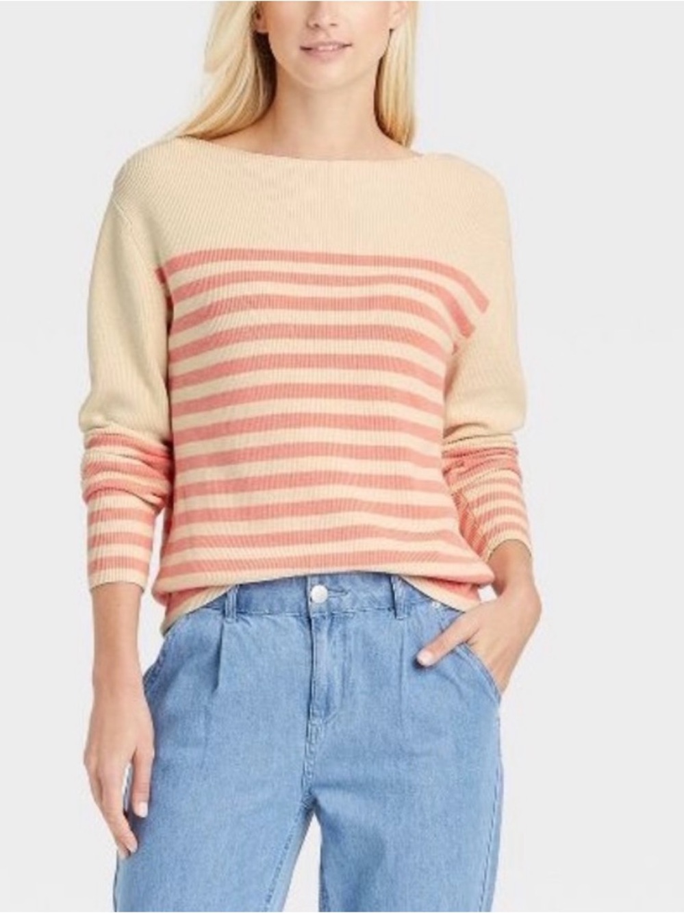 Who What Wear Peach and Cream Striped Boatneck Sweater